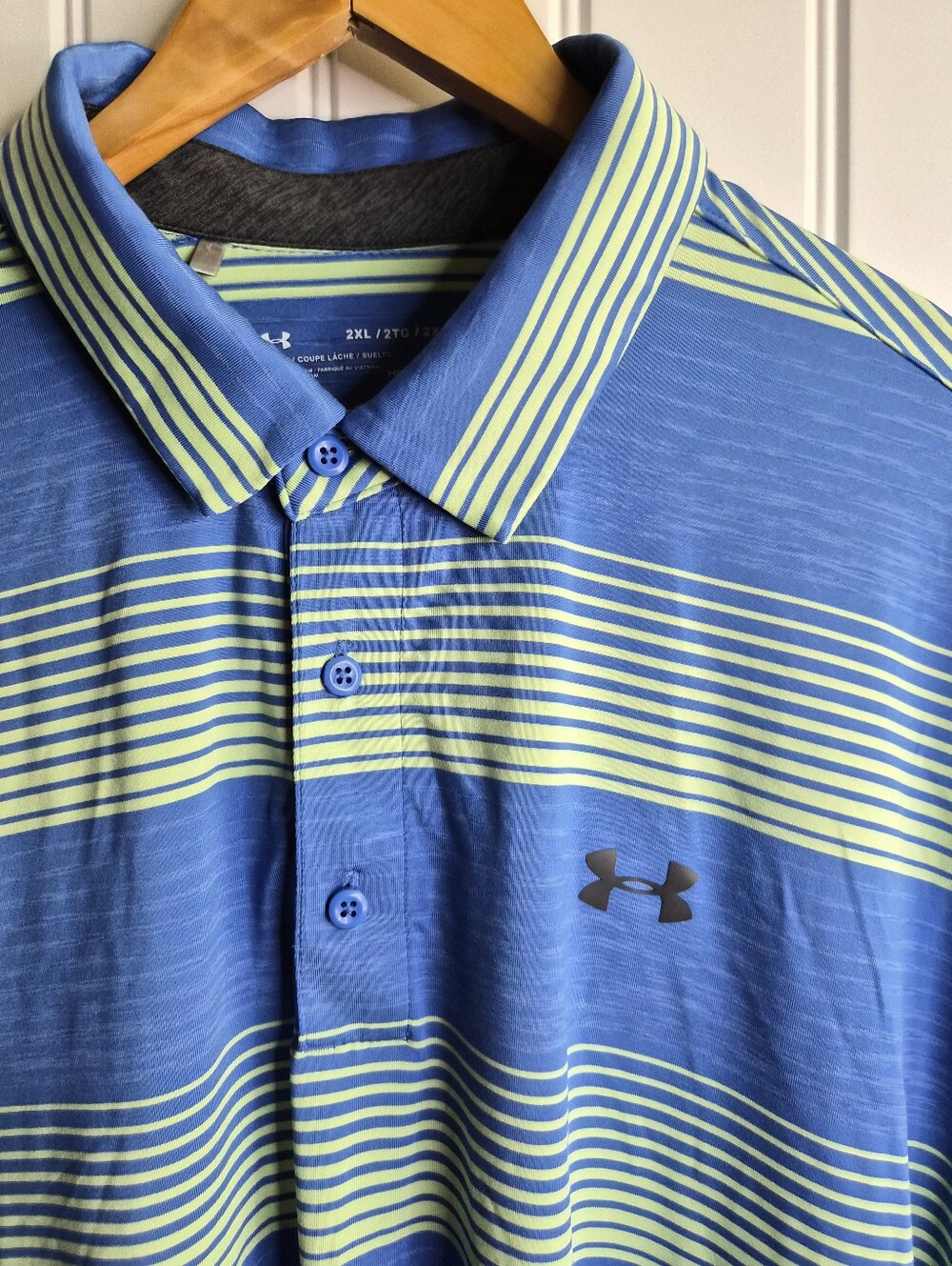 2XL Under Armour Heatgear Striped Polo Blue Green Golf Casual Activewear Travel
